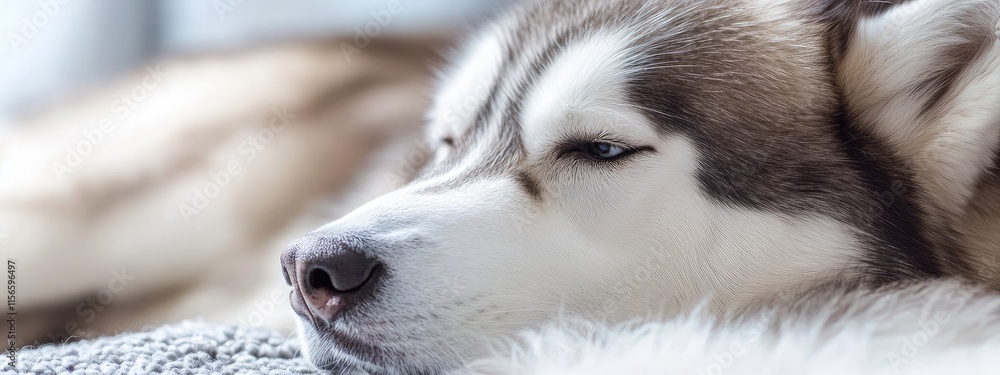 Aufkleber alaskan malamute relaxing at pet spa during grooming session with soft focus background and blank sp