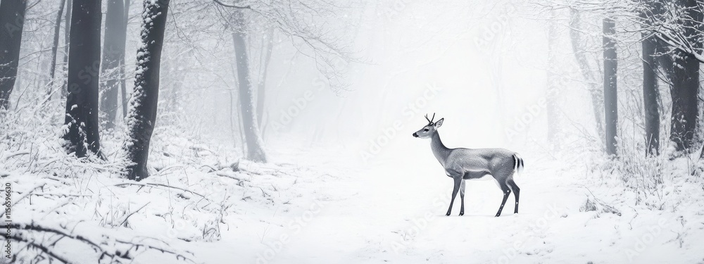Poster deer in serene winter forest with soft snowfall and ethereal light background empty space for text a