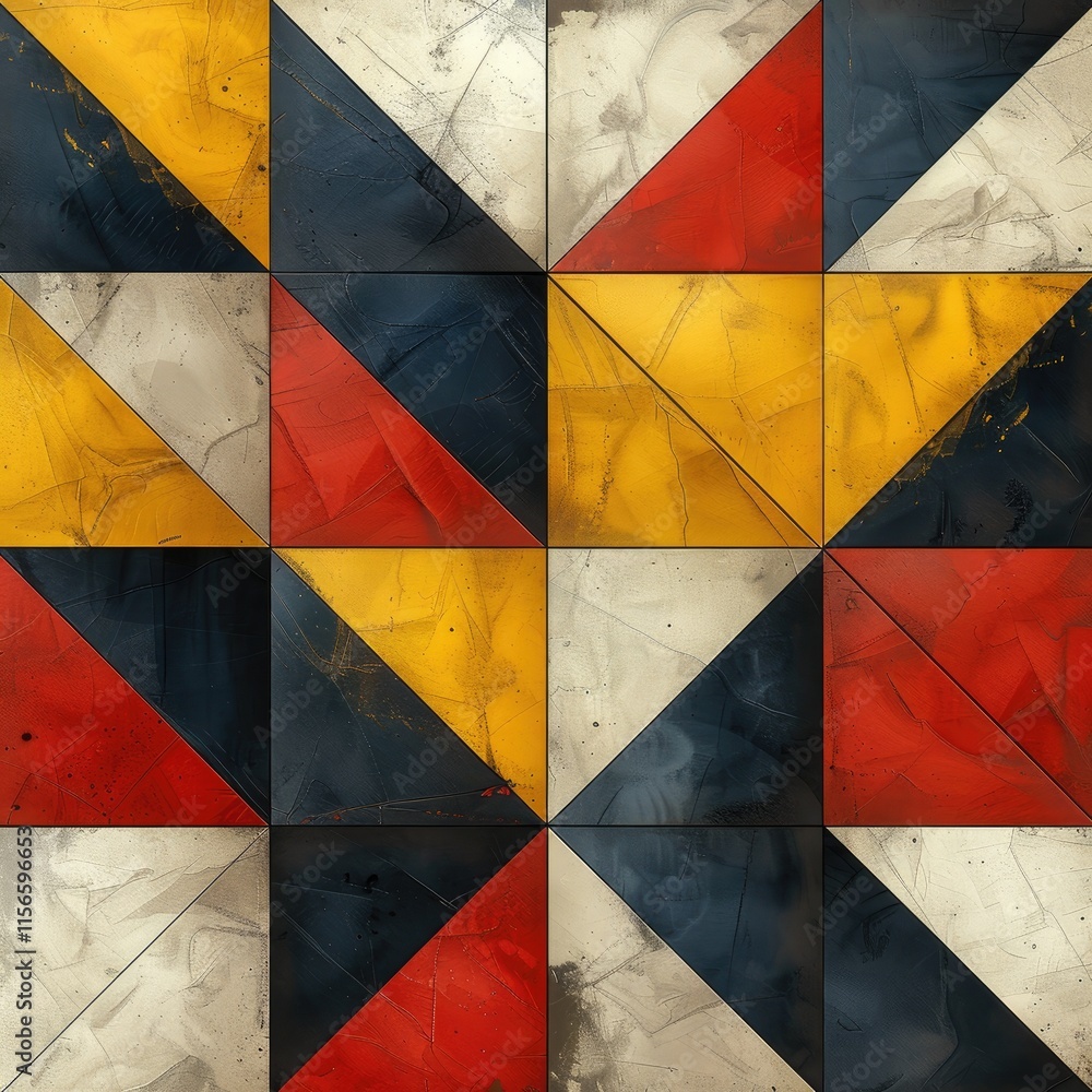 Poster a geometric pattern composed of colorful triangular tiles in various shades.