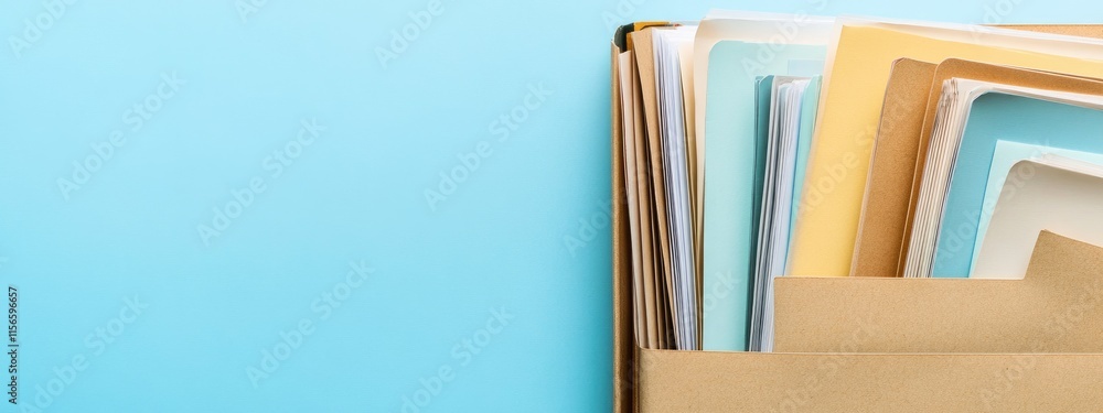 Poster organized documents in a folder with colorful handouts on a blue background showcasing blank space f