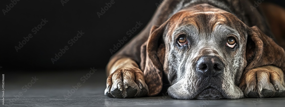 Aufkleber Documentary style image highlighting the expressive wrinkles of an elderly dog with ample space for text placement
