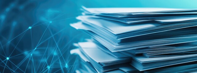 Documents and reports piled on intersecting blue lines with ample empty space for customization and text inserts in a modern design
