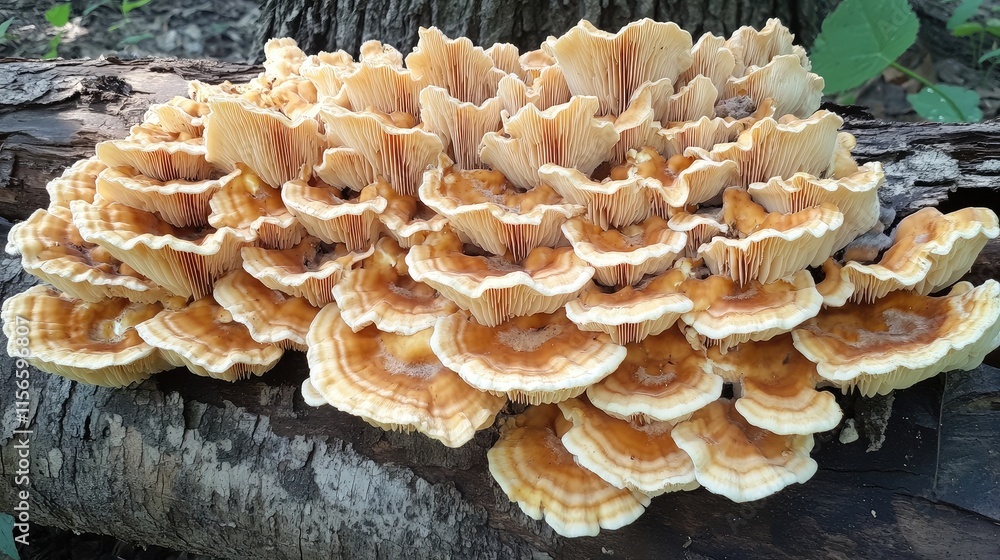 Poster vibrant cluster of mushrooms on a tree trunk in a lush forest setting with ample space for text over