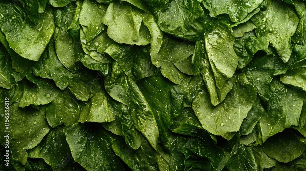 Poster lush green romaine lettuce leaves with water droplets creating a textured background and ample copy 