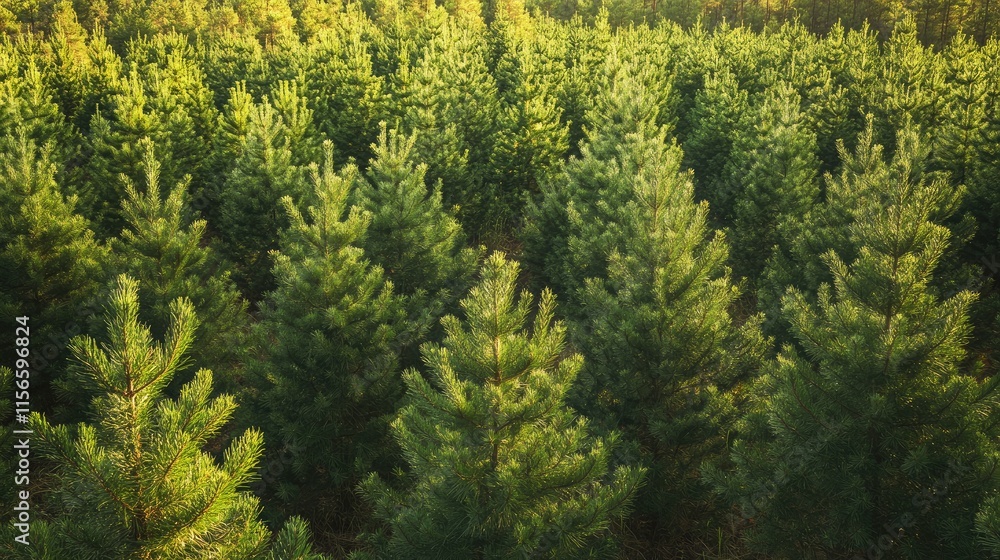 Poster dense evergreen forest bathed in sunlight with expansive copy space for text or graphics