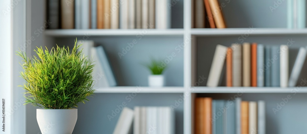 Poster bright modern library bookshelf with potted plants showcasing elegant office interior design and amp