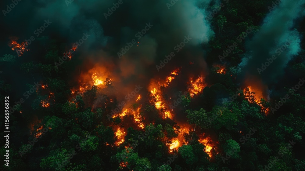 Poster devastating amazon rainforest fires highlighting climate change crisis with space for informative te