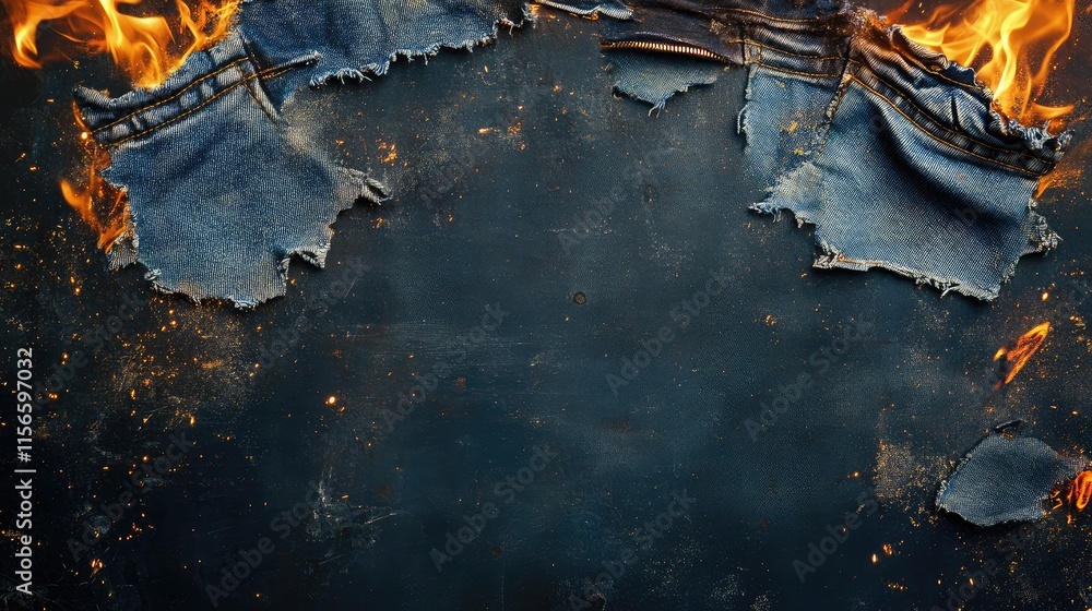 Poster ripped denim shorts with distressed edges and abstract sparkling fire background for text overlay an