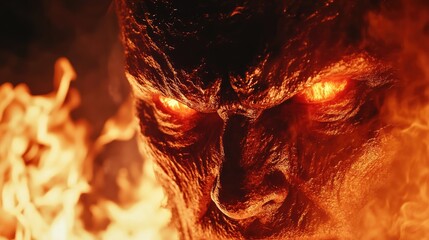 Sinister Demon with Fiery Red Skin and Glowing Orange Eyes Emerging from Flames with Space for Text Overlay
