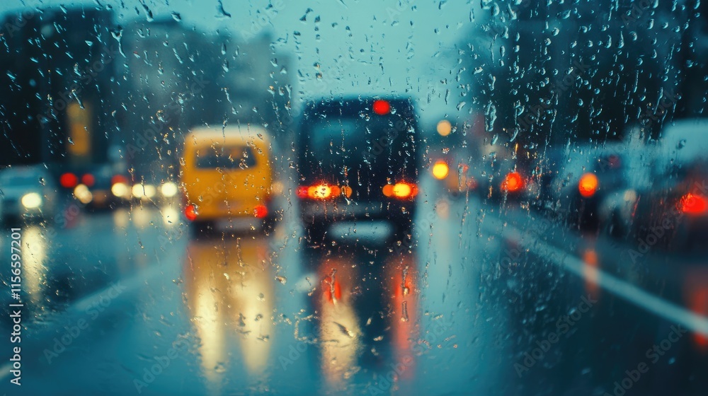 Poster delivery truck navigating through rainy traffic with blurred background and raindrops on window offe