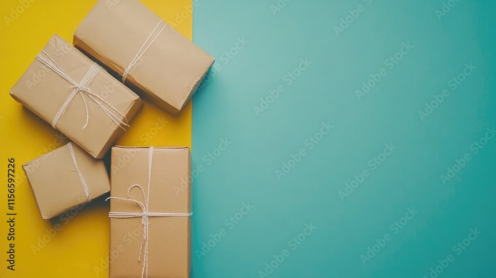 Poster delivery service agency brown packages on colorful background with empty space for custom text and m