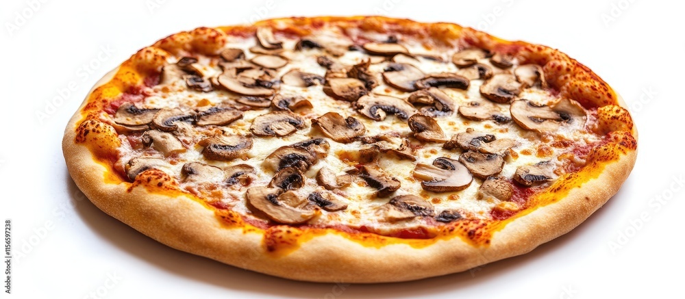 Poster mouthwatering pizza with mushrooms and cheese on a crisp crust featuring ample white space for custo