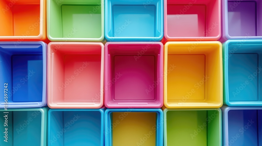 Poster colorful plastic storage drawer cubes with empty space for custom text or branding promoting organiz
