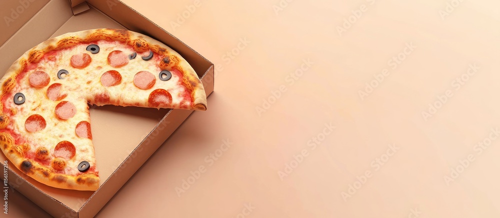 Aufkleber freshly baked pizza slice being lifted from a box on pastel background with space for custom text or
