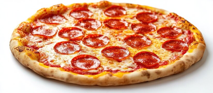 Classic pepperoni pizza topped with fresh tomatoes and cheese on a clean white background for promotional text placement