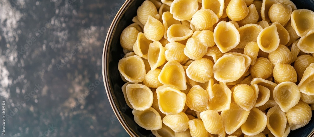 Poster orecchiette pasta salad close up in a bowl on a textured background with empty space for text or pro