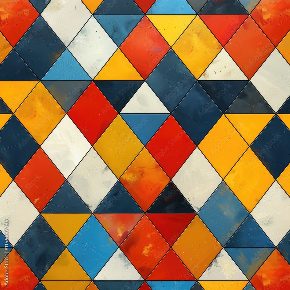 Poster a colorful geometric pattern composed of various triangular tiles in vibrant hues.