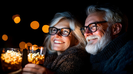 Obraz premium Romantic Evening, Couple Enjoying Popcorn and Lights