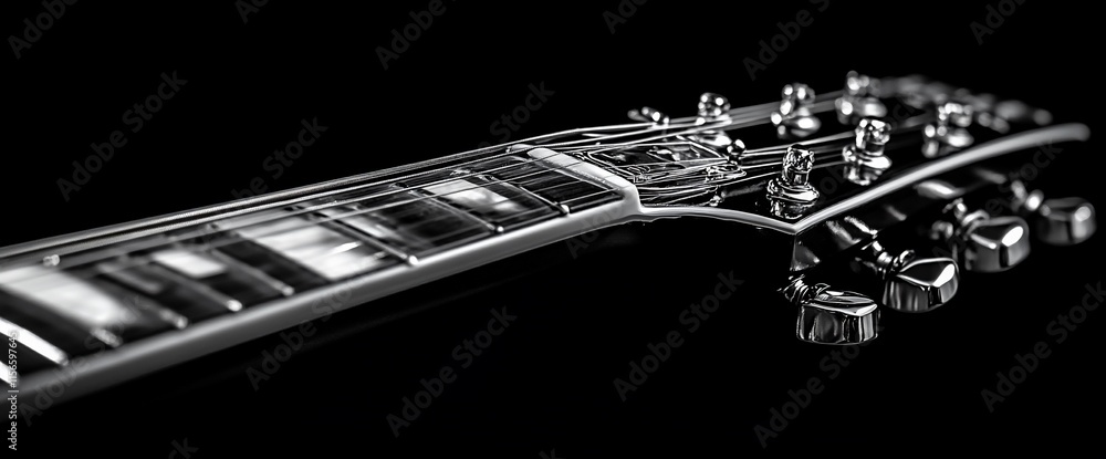 Poster a close-up view of a guitar neck showcasing its strings and tuning pegs.