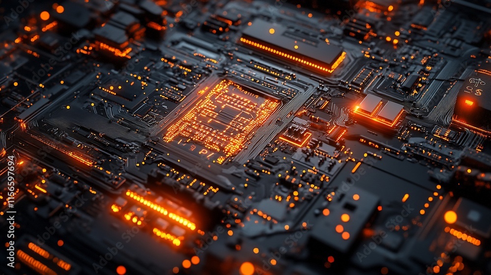 Poster a close-up view of a futuristic circuit board with glowing elements.