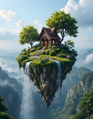 House on a Floating Island with Waterfall