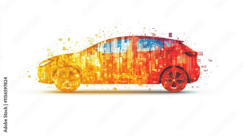 Poster a vibrant, artistic representation of a car, blending colors and digital elements to create a dynami