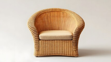 Wicker armchair with a beige cushion sits on a white background