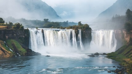Naklejka premium A grand waterfall that splits into multiple streams before hitting the river below. The waterfall is surrounded by lush greenery and has a misty atmosphere. The river below is clear and flowing swiftl
