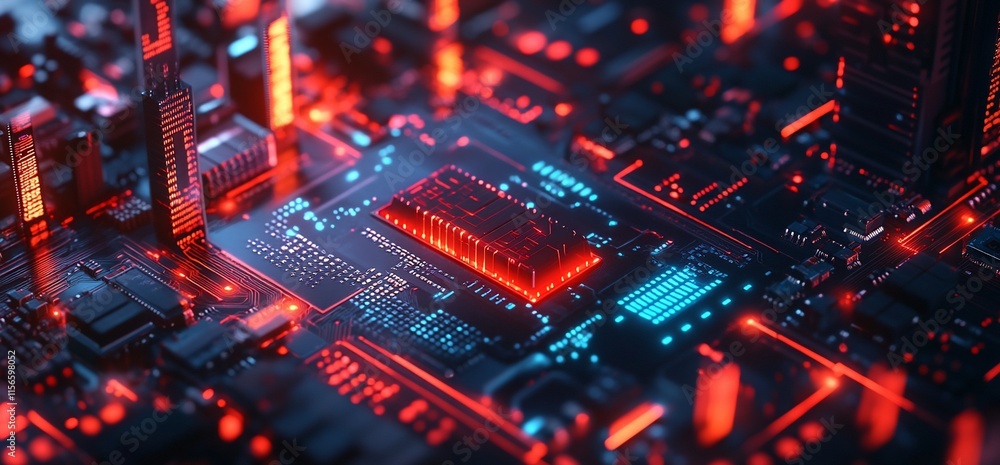 Poster a close-up view of a futuristic circuit board illuminated with red and blue lights.