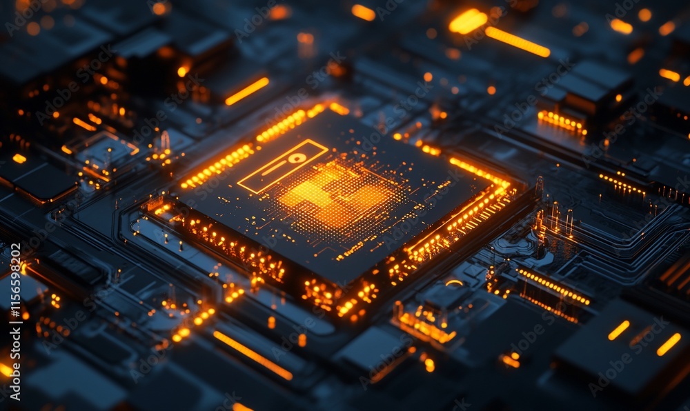Poster a close-up view of a futuristic microchip with glowing circuitry.