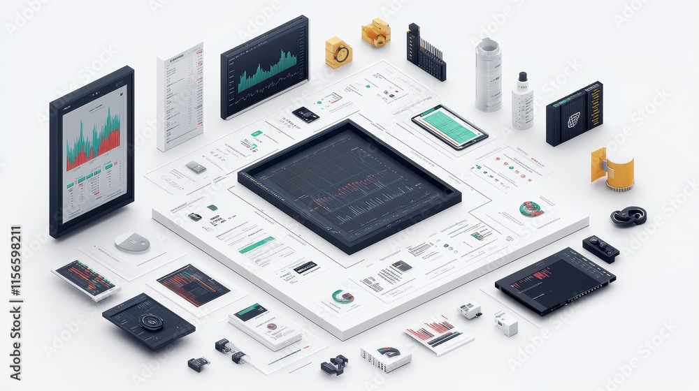 Poster a visually appealing arrangement of various digital devices and components, showcasing technology an