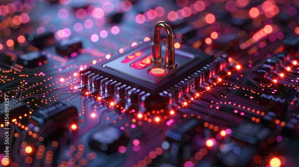 Poster a close-up of a circuit board with a padlock symbolizing cybersecurity.