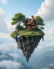 House on a Floating Island with Waterfall