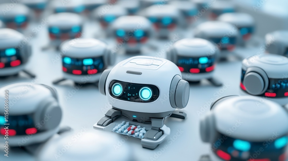 Poster a futuristic scene featuring numerous small, cute robots with glowing eyes, each designed with a com