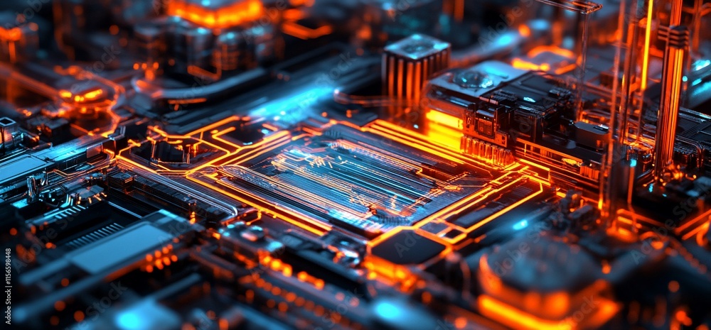 Poster a close-up view of a futuristic circuit board with glowing elements.