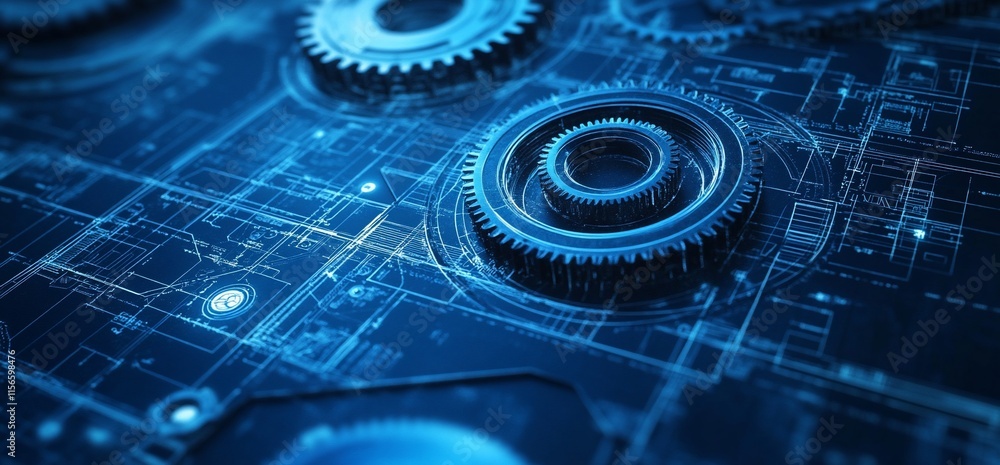Poster a close-up view of gears and technical schematics in a digital design.