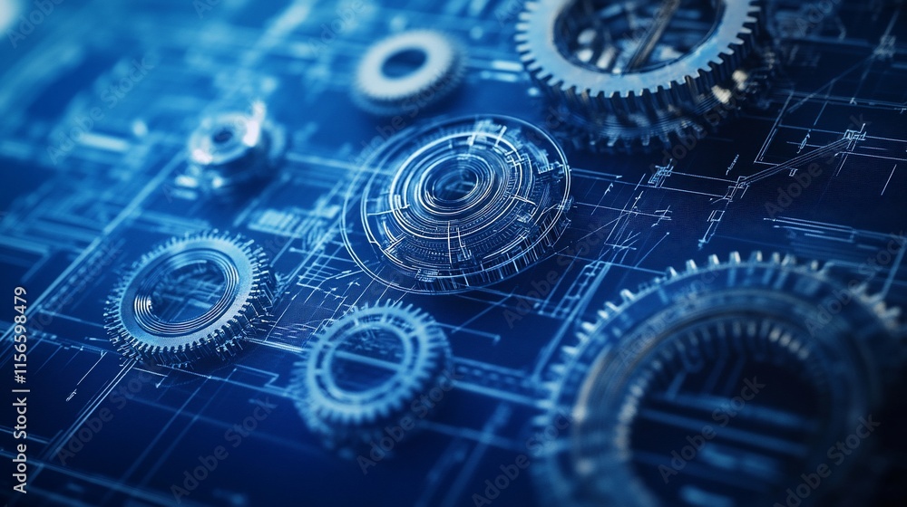 Poster a close-up view of gears and technical schematics in a blue digital design.