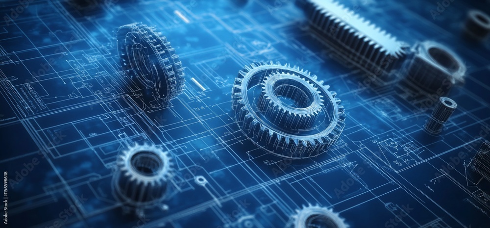 Aufkleber a close-up view of gears and technical schematics in a digital environment.