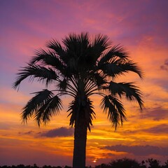 Obraz premium Evening Splendor: Bismarck Palm Silhouette in the Glow of a Sunset Sky