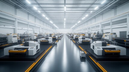 Fototapeta premium A modern, spacious manufacturing facility filled with advanced machinery, showcasing an organized layout and bright lighting.