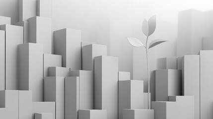 A minimalist cityscape with towering gray blocks and a single green sprout, symbolizing growth and resilience amidst urban structures.