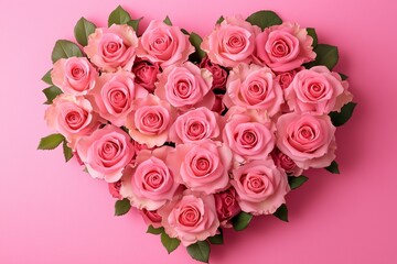 Pink Roses Arranged in a Heart Shape on Pink Background – Valentine’s Day Love Theme with Copy Space
