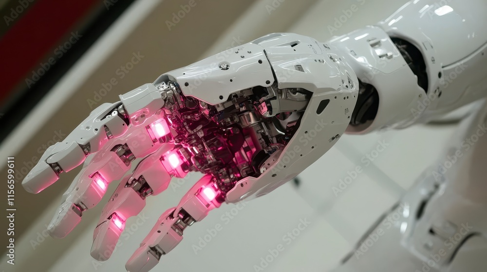 Poster a robotic hand with visible mechanical components and glowing red lights, showcasing advanced techno
