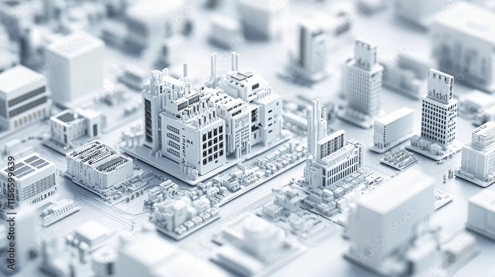 Poster a detailed 3d model of an urban landscape features white buildings and structures, creating a visual