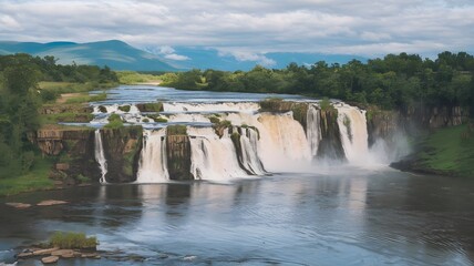 A photo of a grand waterfall that splits into multiple streams before hitting the river below. The waterfall is surrounded by lush greenery, and the river below is calm and clear. The background revea