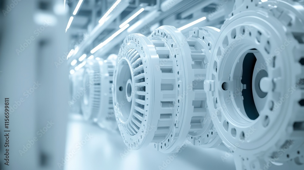 Poster a close-up view of white mechanical components arranged in a row, showcasing intricate designs and p