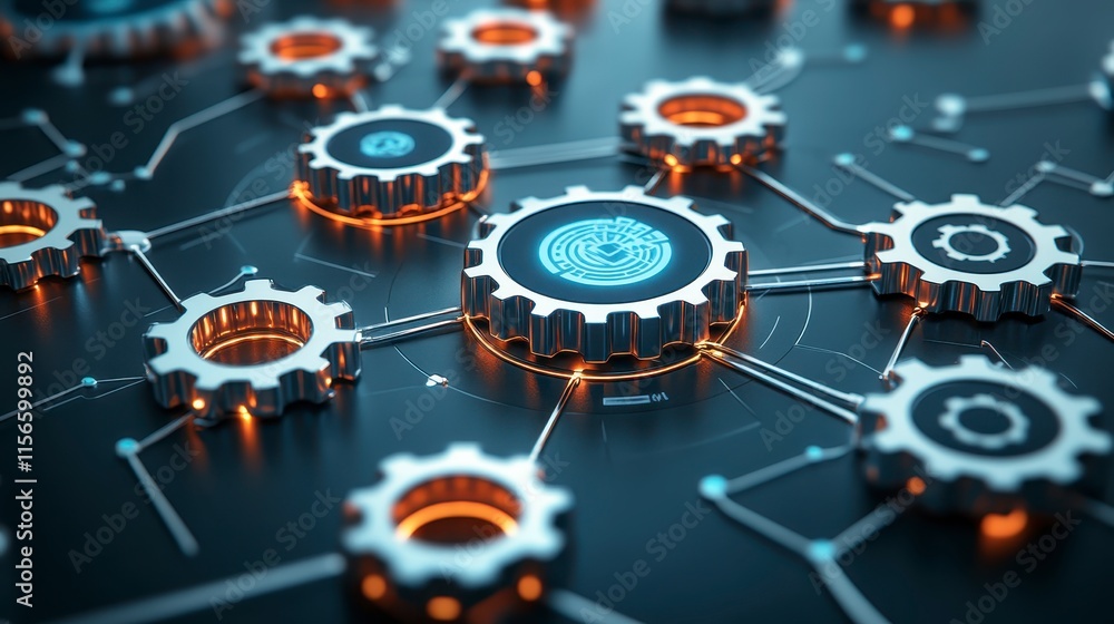 Poster an intricate network of gears and circuits, illuminated by orange accents, showcasing a blend of tec