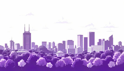 Fototapeta premium Light purple cityscape background. City buildings and trees at park view. Monochrome urban landscape with clouds in the sky. Modern architectural flat style vector illustration.