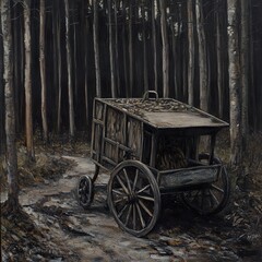 Fototapeta premium Vintage Cart in a Dark Forest: An Enigmatic Landscape