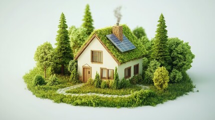 A charming eco-friendly house with greenery and solar panels, surrounded by lush trees and a winding path.